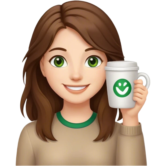 Long, Brown haired girl with middle hair part, with green eyes, smiling, waving with one hand, coffee mug in the other emoji