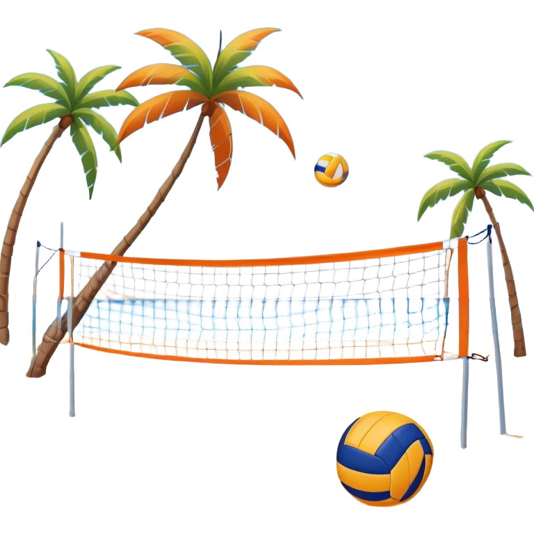 A volleyball resting on the orange sand ground of a beach, with a volleyball net in the background. The scene captures a sunny beach atmosphere with clear blue sea and sky, palm trees swaying, and people in swimsuits enjoying the vibrant surroundings emoji
