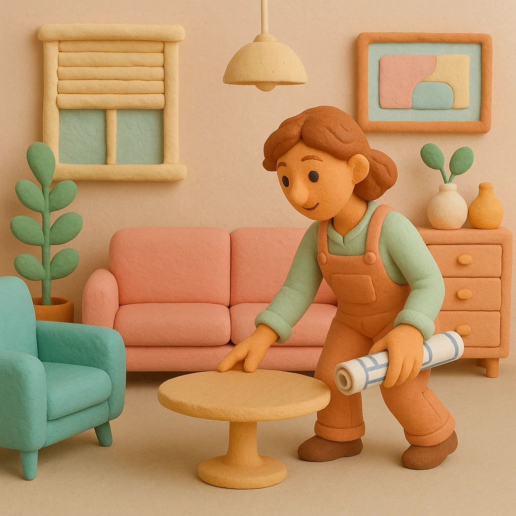 claymation style interior designer arranging furniture, pastel colors emoji