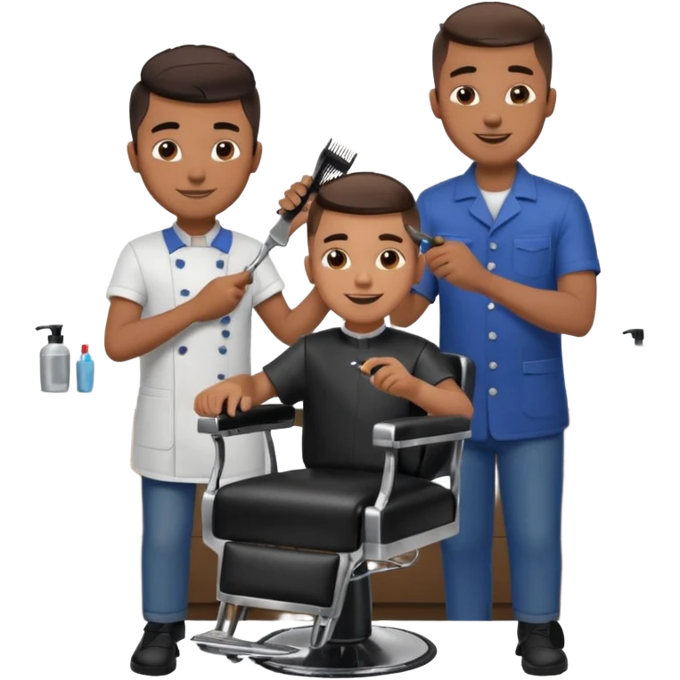 Barber cutting boys hair. Show the boy sat in black barber chair and both having smiles on their faces emoji