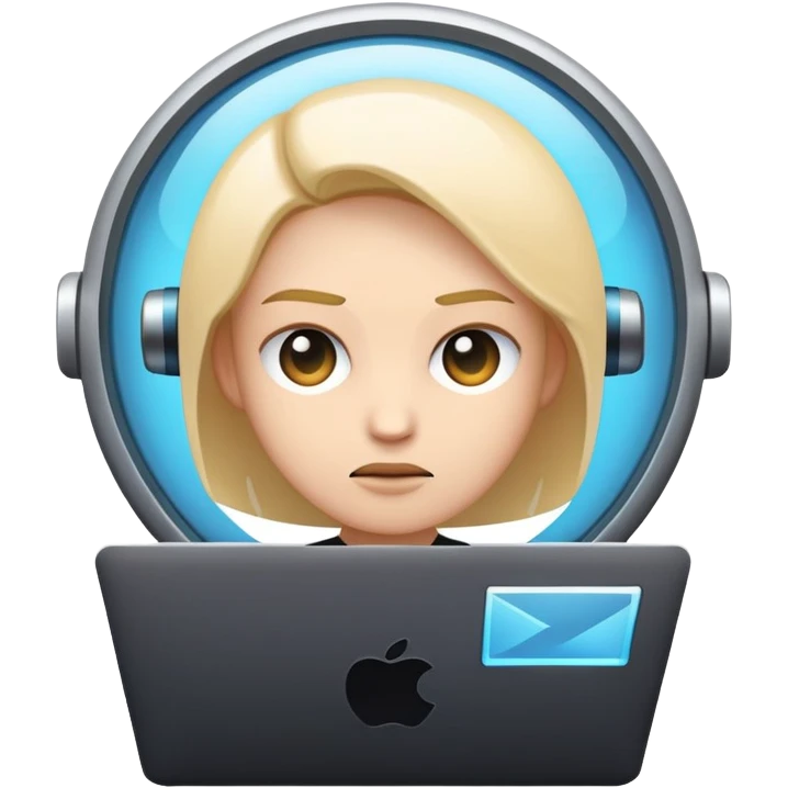 Emoji-style character with a neutral techy face, looking at two floating browser windows, modern vector design, serious expression, dark mode theme, clean lines, futuristic feel — not cute, not silly emoji