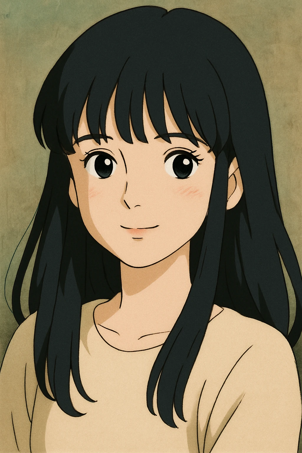 portrait of a pretty white girl with long black hair and thick bangs, gentle expression, ghibli style emoji