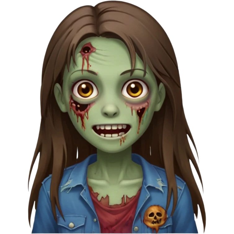 a zumbi girl with long brunette straight hair and light brown eyes, she is happy and beautiful, do it as a icon  emoji