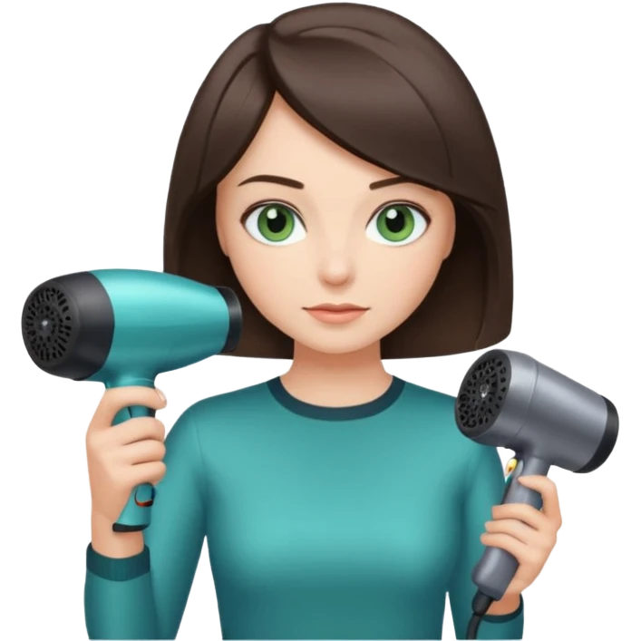brunette bob girl hair stylist with blue green eyes holding a hair dryer emoji