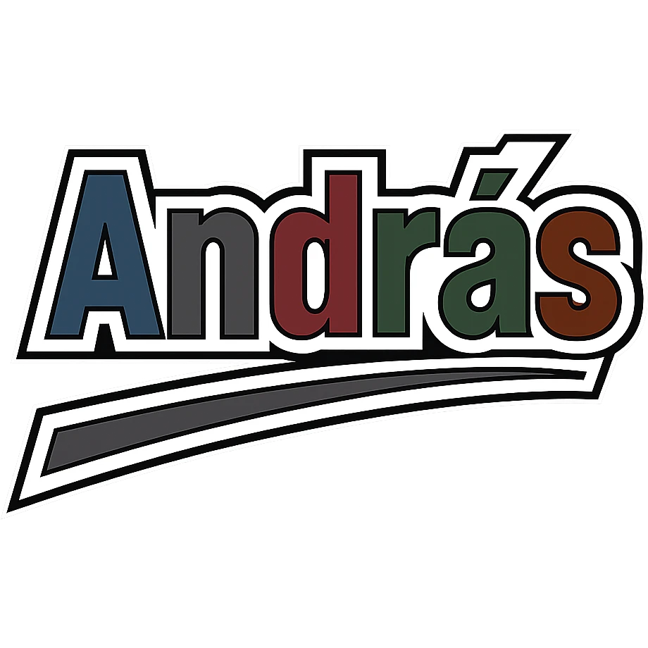 András name in masculine, modern gradient font with precise Hungarian characters, dark contour, extra wide and prominent white letter frame as in reference images, dynamic slanted underline, masculine color shades (blue, gray, burgundy, green, brown), 1000x1000 px, PNG, transparent background emoji