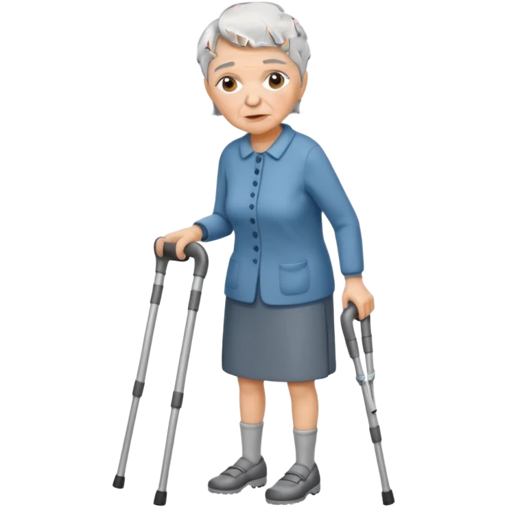 elderly woman with pants short grey hair using crutches and with a sorry look emoji