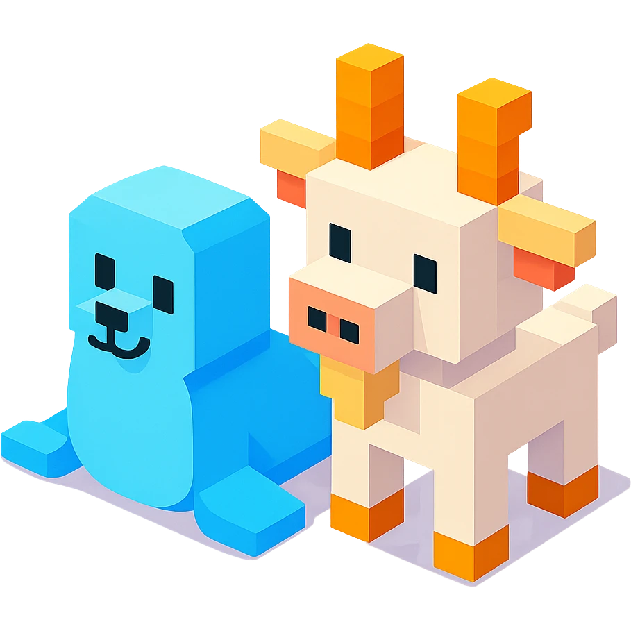 a seal and a goat sitting together, inspired by Roblox game graphics emoji