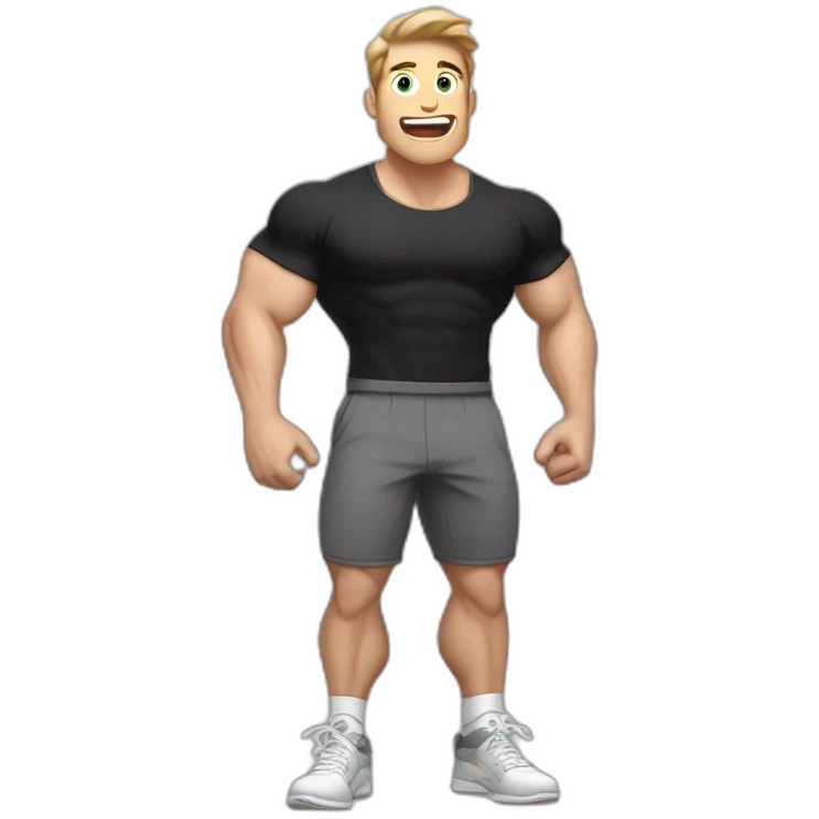 amazed Open with surprise mouth Pale skinned Fit Man With the biceps and dark brown hair in black shirt, gray sports shorts and white Sneakers emoji