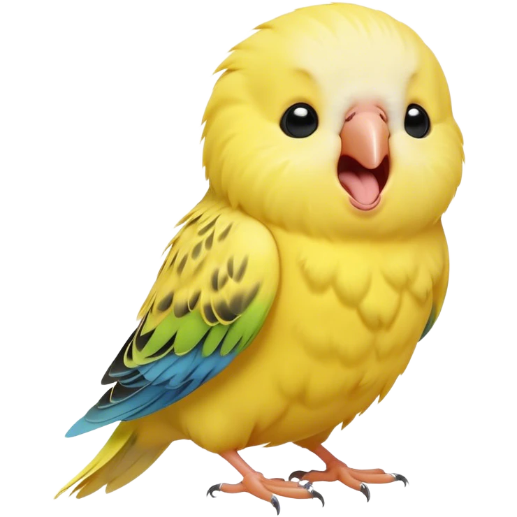 Cinematic Cute Yawning Yellow Budgie Portrait Emoji, Head tilted slightly with a dramatic, wide-open yawn, showcasing a soft, downy yellow feathered fur with gently drooping wings, round dark eyes barely open in drowsy contentment, Simplified yet irresistibly adorable features, highly detailed, glowing with a soft, cozy glow, high shine, relaxed yet expressive, stylized with a touch of whimsy, bright and endearing, soft glowing outline, capturing the essence of a sleepy yet affectionate budgie, so drowsy it feels like it could stretch out of the screen and curl up for a nap! emoji