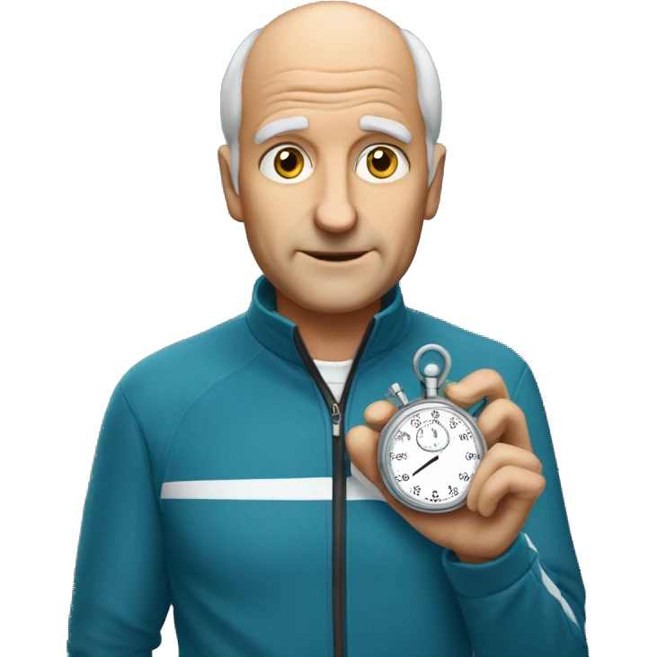 Cross country coach holding a stopwatch who is slightly balding but not old emoji