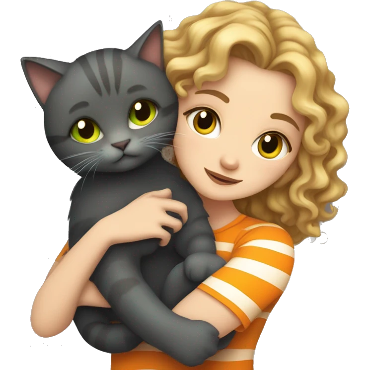 A white girl with dark blonde curly hair and green eyes hugging her dark grey cat with orange stripes and yellow honey eyes emoji