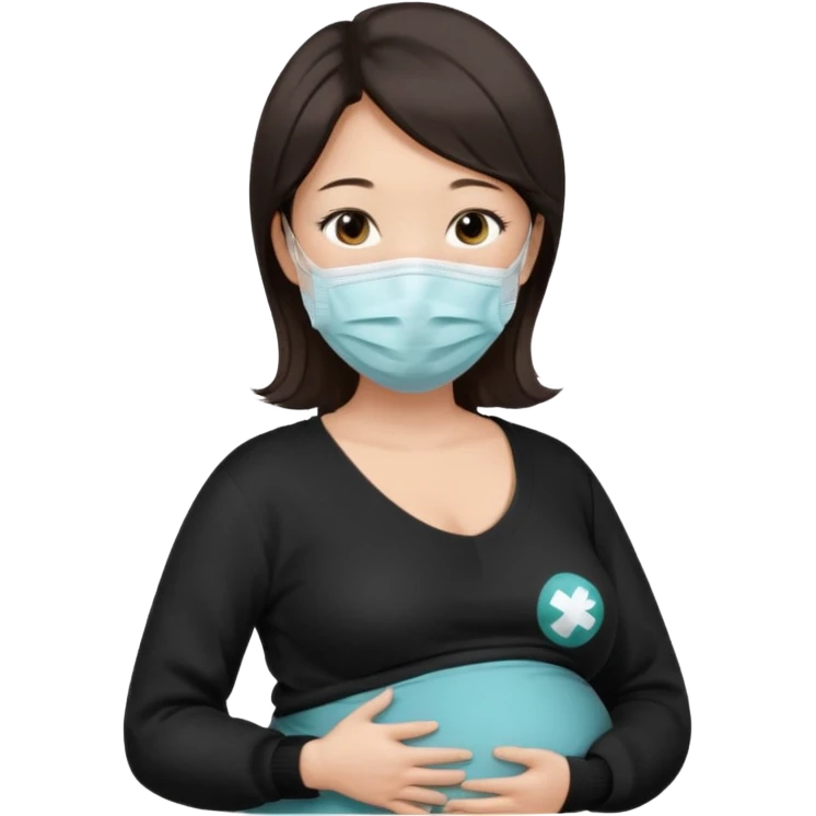 a pregrant chinese lady with dark brown hair? Hair lengt above shoulder, wearing medical face mask, i wanna see the pregnant belly with black sweater emoji
