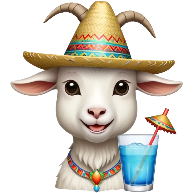 una capra con un cappello messicano che beve un koktail blu emoji
