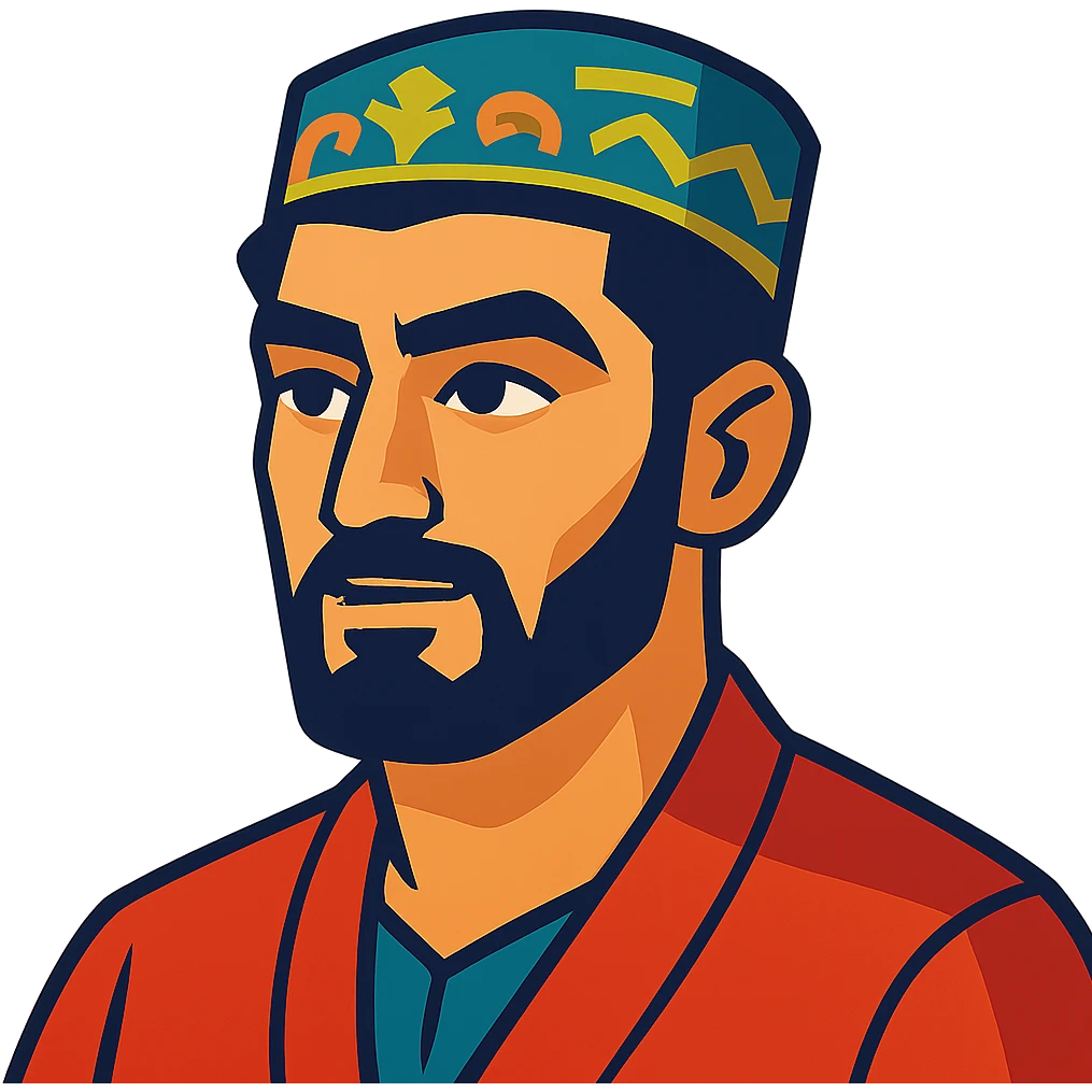 A Tajik man with masculine features, expressive eyes, thick eyebrows, dark hair, and light-olive skin, neatly kept facial hair emoji
