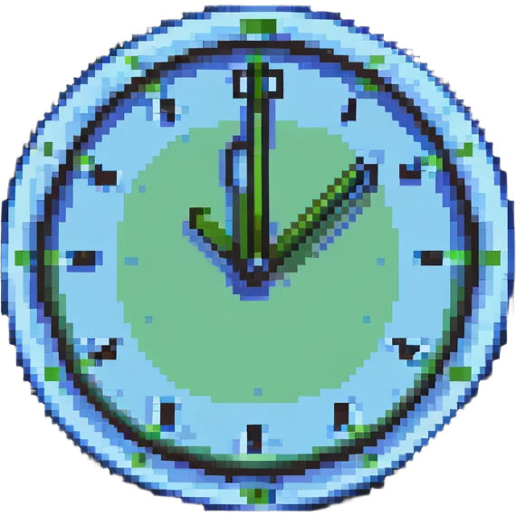 pixel art style clock with soft blue and green palette, representing tame time emoji