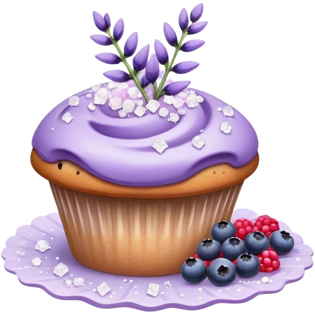 Lavender flower sprigs on a muffin with berries and sugar crystals emoji
