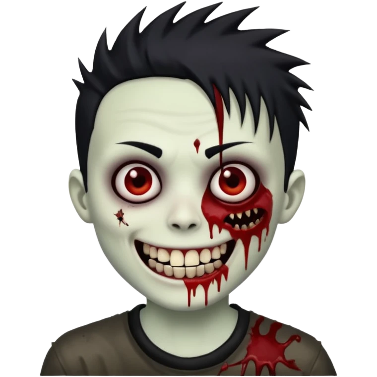 zombie boy with emo spiky hair, white skin, and white eyes; an open smile, and bloodied teeth; emoji