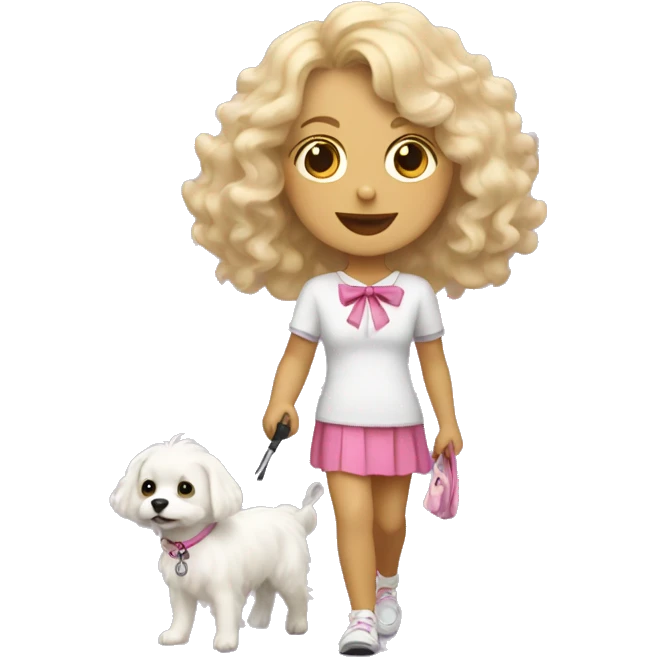 blonde girl with wavy hair taking a little fluffy white dog for a walk with a pink bow and leash  emoji