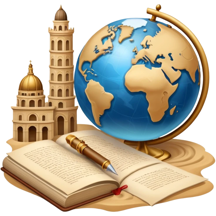 icon featuring ancient scrolls, quill pen, and a globe, with famous historical landmarks and monuments in the background. Large, antique sand clocks with sand pouring out represent the passage of time. Historical figures are depicted as statues. Transparent background. emoji