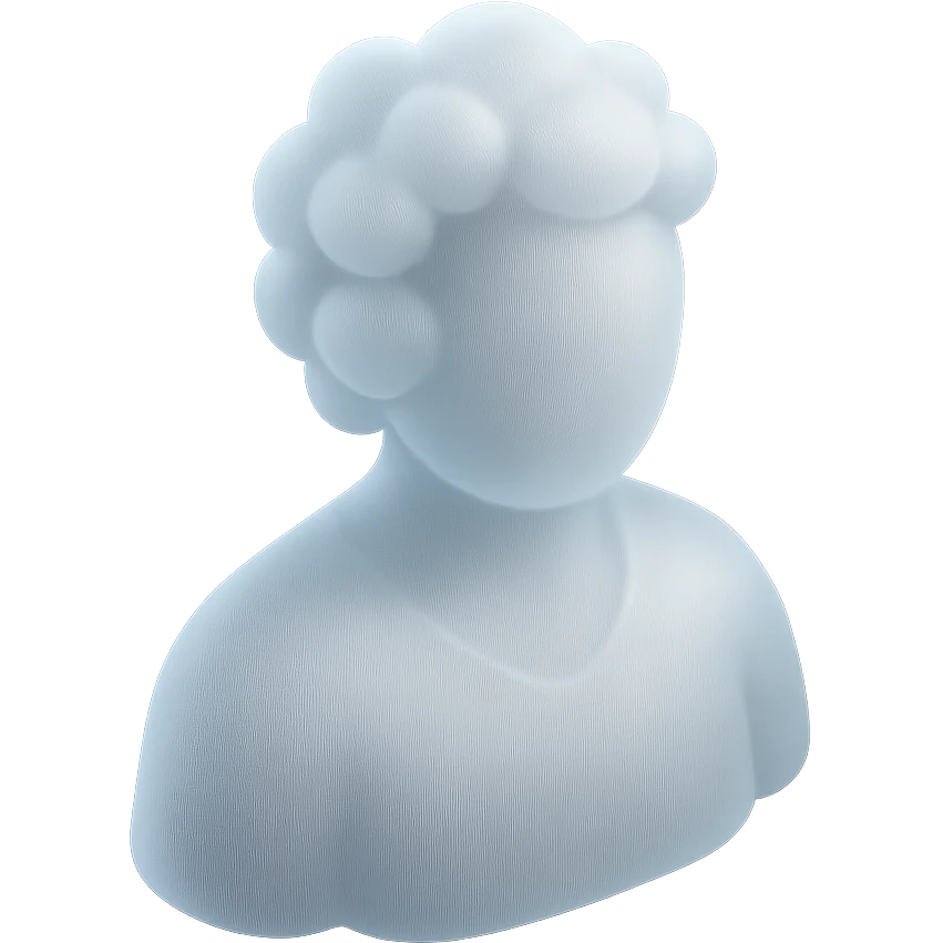 A person from the shoulders up, entirely composed of fluffy white convex clouds, matte glass style. emoji