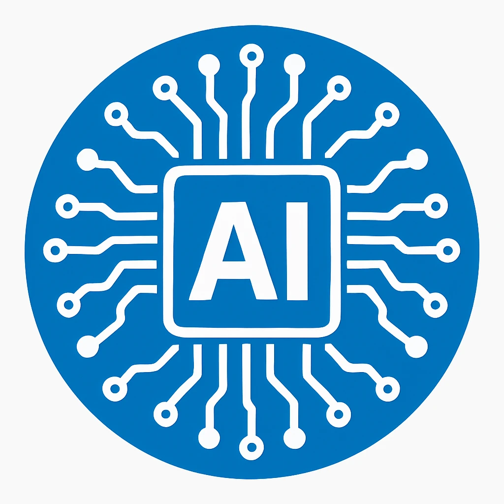 Convert this to a flat style with a blue and white color scheme, keeping the circular circuit board design and 'AI' in the center, with intricate electronic patterns. emoji