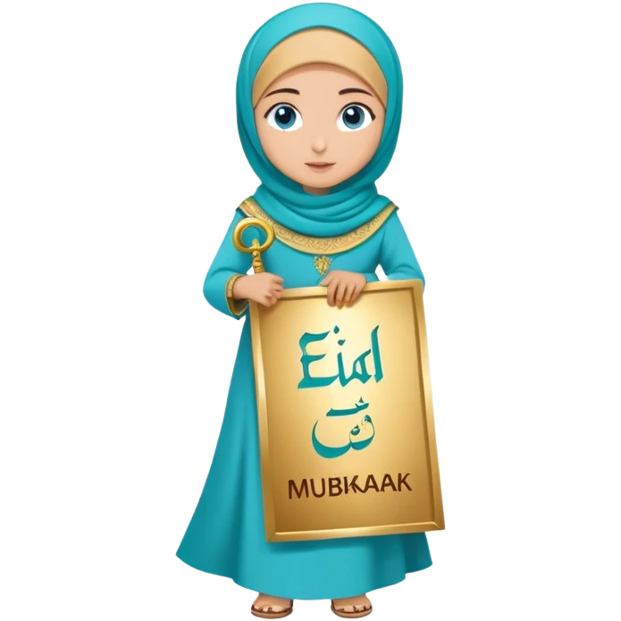 Turkish beautiful finish Konya girl blue eyes with gold hijab and islamic long tailed turquoise dress on the ground and had on her hand text Eid Mubarak  emoji