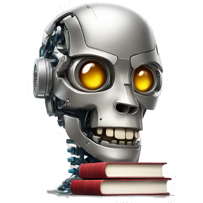 robotic metallic mechanical head with books sticking out of skull emoji