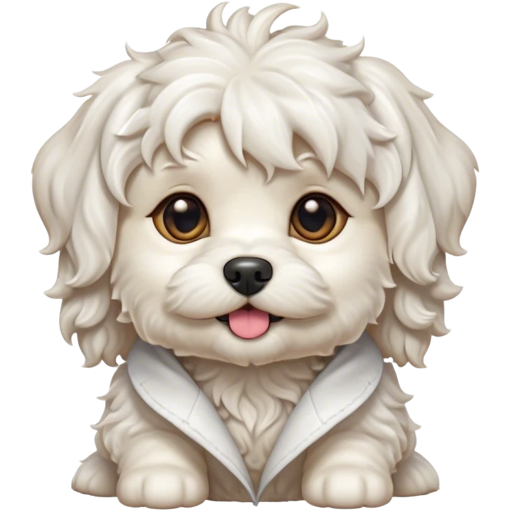 Cinematic Cute Wavy-Haired Maltese Dog Portrait Emoji, Head tilted playfully and inquisitively, featuring a luxurious, wavy-haired white coat with a healthy sheen, round, sparkling dark eyes filled with curiosity, Simplified yet irresistibly adorable features, highly detailed, glowing with a warm, friendly glow, high shine, affectionate and lively, stylized with a touch of whimsy, bright and endearing, soft glowing outline, capturing the essence of a mischievous yet loving companion, so playful it feels like it could scamper out of the screen and into your arms! emoji