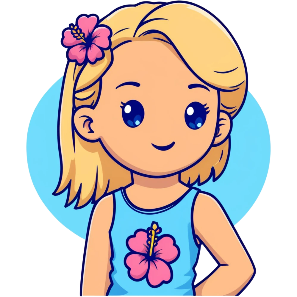 preppy coastal teen girl with blue eyes, beach blonde hair, tan skin, hibiscus flower in her ear, preppy beach outfit emoji
