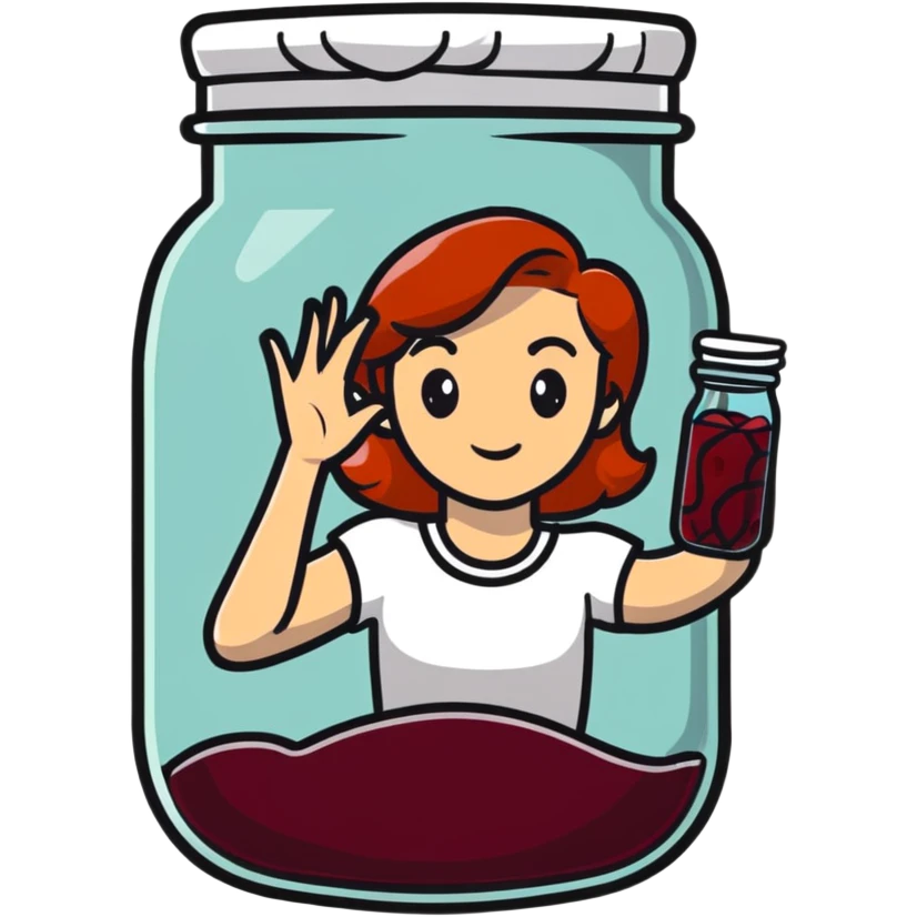 redhead woman showing a glass jar with jam at arms length, closeup emoji