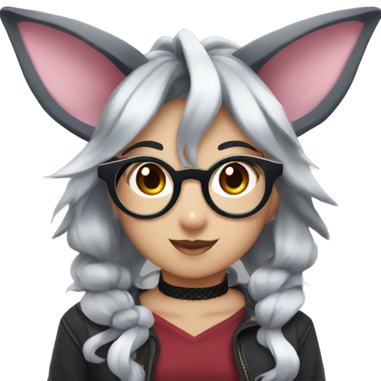 A Sylveon with round glasses, black spiked choker, dark red shirt, dark grey skirt, fishnets, and black boots emoji