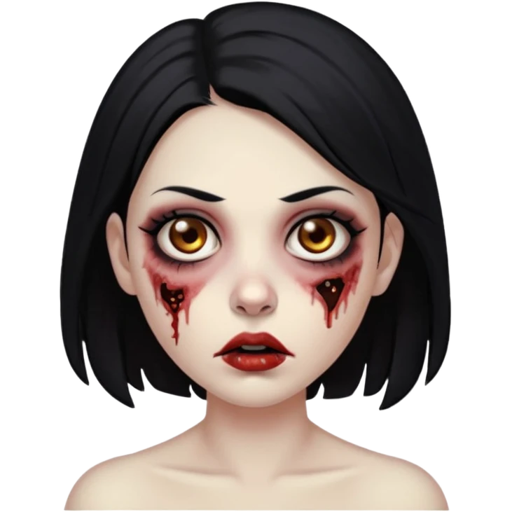Make an emoji of a zombie woman with black hair, almond-shaped brown eyes and a labret piercing on her left lip. emoji