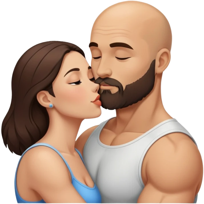 Muscular Bald man with a beard intimately kissing his young brunette wife  emoji
