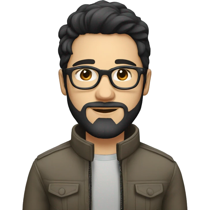 A beautiful white skin  young man with black and medium hair and white skin and beard, wearing round glasses and jacket emoji