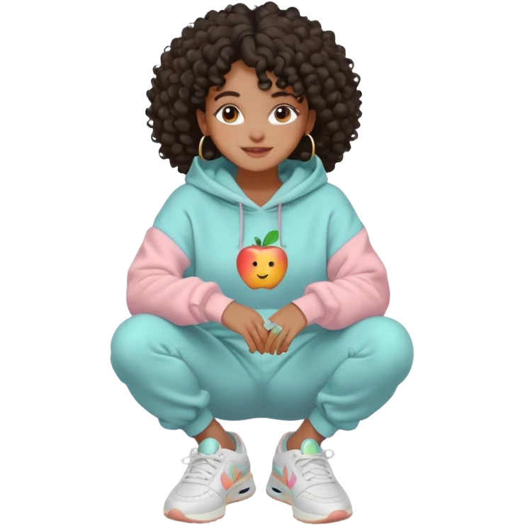 Black girl, clean girl aesthetic, 4C curly hair in a puff, pastel hoodie, white sneakers, minimal jewelry, soft smile, cozy vibe, bright colors, Apple-style emoji auto cuidado da pele emoji