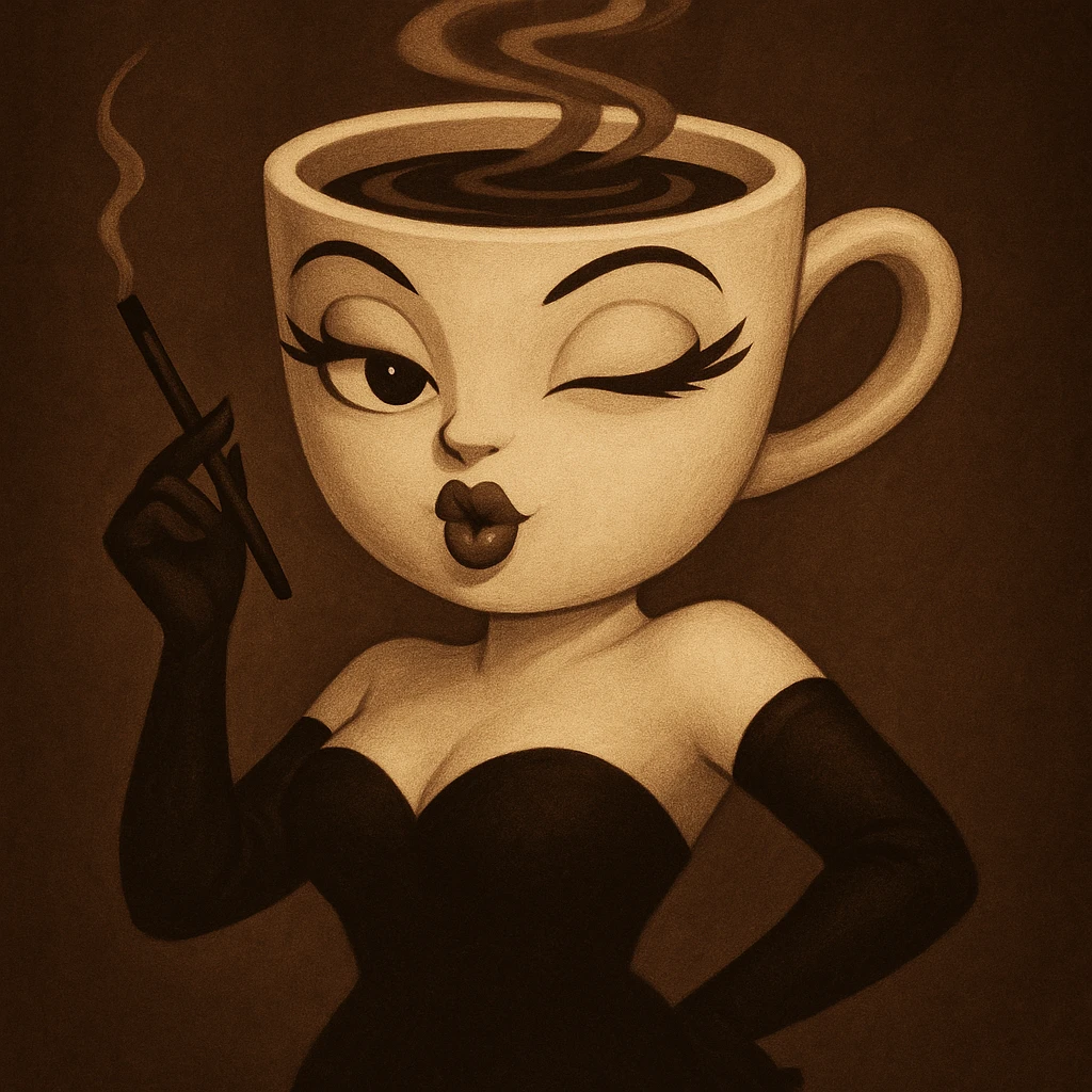 Change the coffee cup woman's expression to flirty, with one eye winking and blowing a kiss. Keep the original style and character, only modify the eyes and mouth, preserving the original style and look. emoji