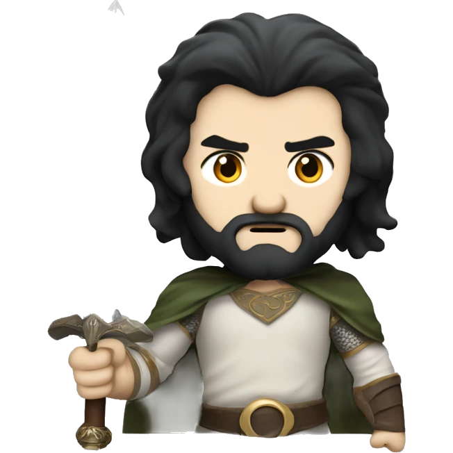 lord of the rings character, white man with black hair, footballer haircut and a sword, ready to fight emoji