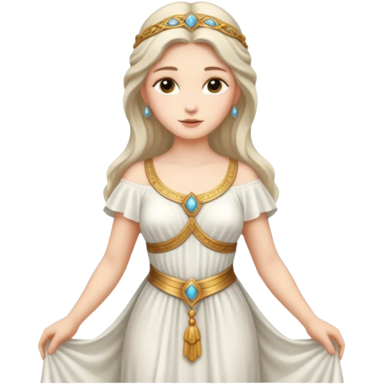 una diosa del siglos muy antiguos, la vestimenta de la diosa esta basada a ese siglo, es muy guapa, estatura normal emoji