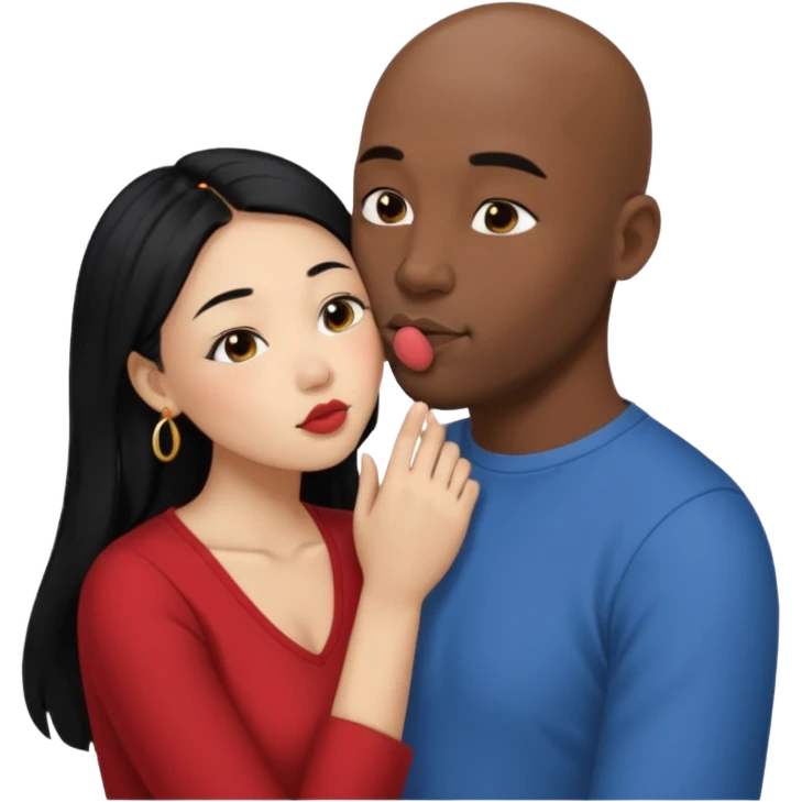 Bald black man with short beard deeply kissing, tonguing each other with open mouth. She is a shorter younger looking asain women. She has long black hair down to her elbows and a nose ring emoji