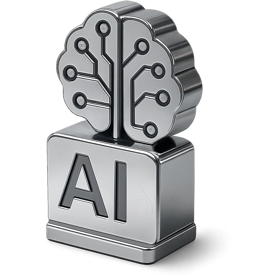 ícono de inteligencia artificial, estilo cromo metálico, reflejos brillantes emoji
