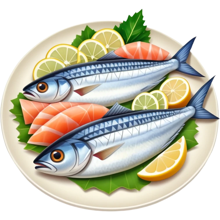 mackerel sashimi with slices of raw fish on a plate with garnish emoji