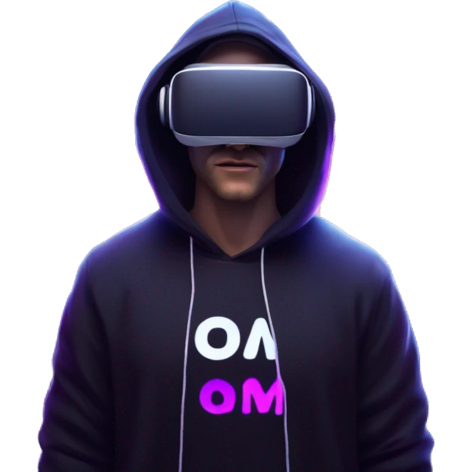 Russian man wearing a black hoodie with "OMG" letters on it and VR headset in a cyberpunk VR environment with violet neon lighting. emoji