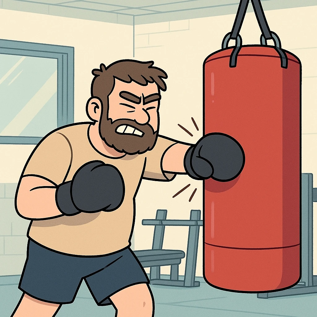 Hit a punching bag – to punch a padded bag for exercise or stress relief.
He went to the gym to hit a punching bag and blow off steam. Background Gym
 emoji