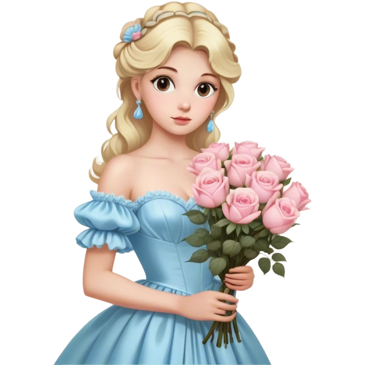 Blonde model with brown eyes wearing a light blue silk rococo gown clutching a giant bouquet of cream and pink roses emoji