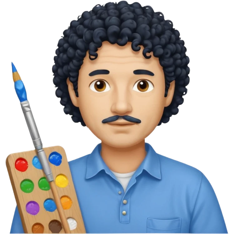 homme 50 ans cheveux frisé noir artiste peintre chemisse bleu emoji
