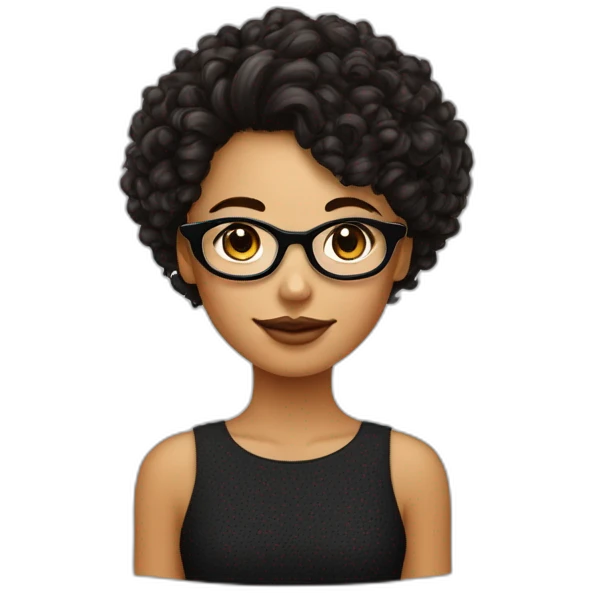 Fille avec des lunettes noir des points de beauté sur la lèvre, le front, le nez et les cheveux bruns bouclés emoji