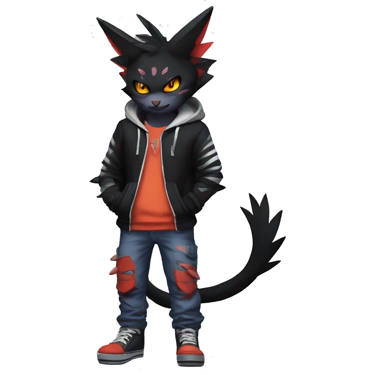 Cool Anthro Black Noibat-Quilava-Litten-Pokémon with edgy stripes hoodie spiked collar punk Full Body emoji