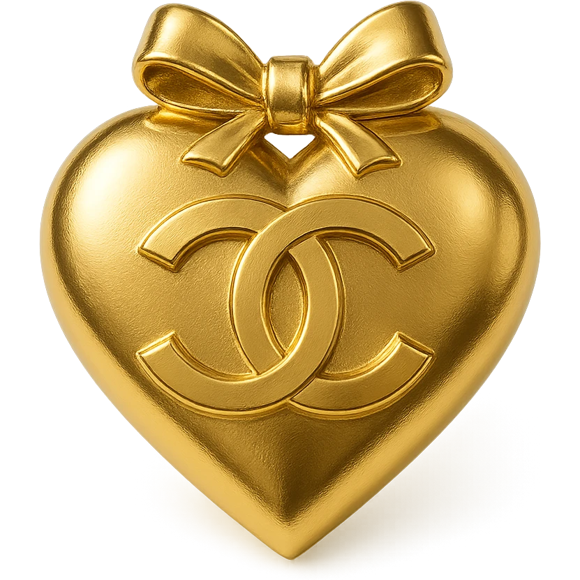 Chanel heart in metallic gold style with interlocking C's and a ribbon, sophisticated and stylish emoji
