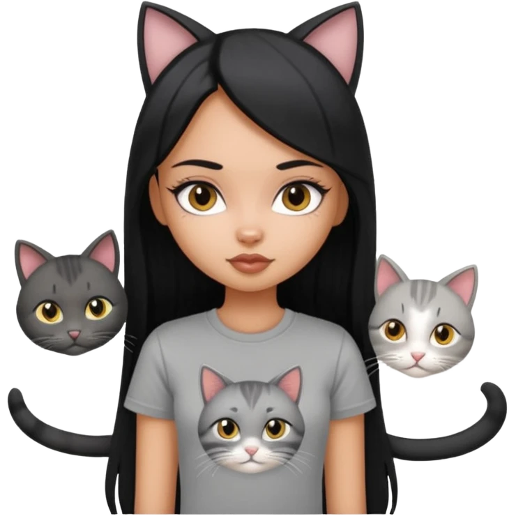 a pretty bratz dusky girl with long straight hair with four cats nd wearing a grey tshirt emoji
