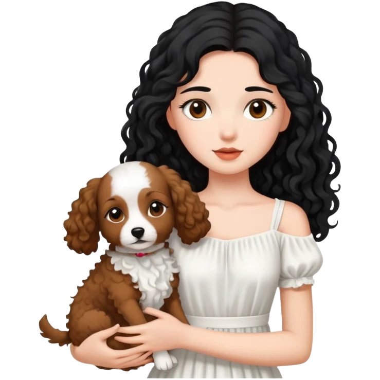 beautiful girl with long black hair in a white dress holding a small brown curly-haired dog emoji